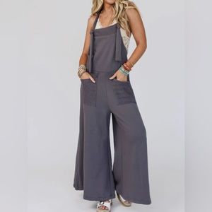 NWT Bucketlist Charcoal Large Patch Pocket Wide Leg Adjustable Strap Jumpsuit